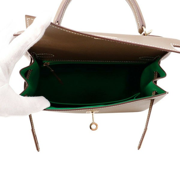 エルメス ハンドバッグ ケリー25 外縫い ヴェルソ エトゥープ/バンブー/シャンパンゴールド金具 ヴォ―マダム W刻印 2wayショルダー