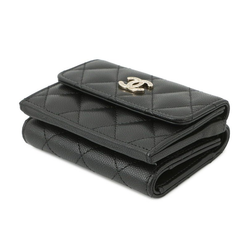 シャネル 三つ折り財布 マトラッセ ココマーク スモール ウォレット ラインストーン キャビアスキン AP4815 CHANEL 黒