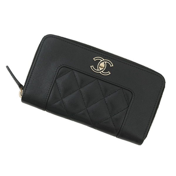シャネル 長財布 マトラッセ ココマーク マドモワゼル コンパクトウォレット ラムスキン CHANEL ラウンドファスナー 黒