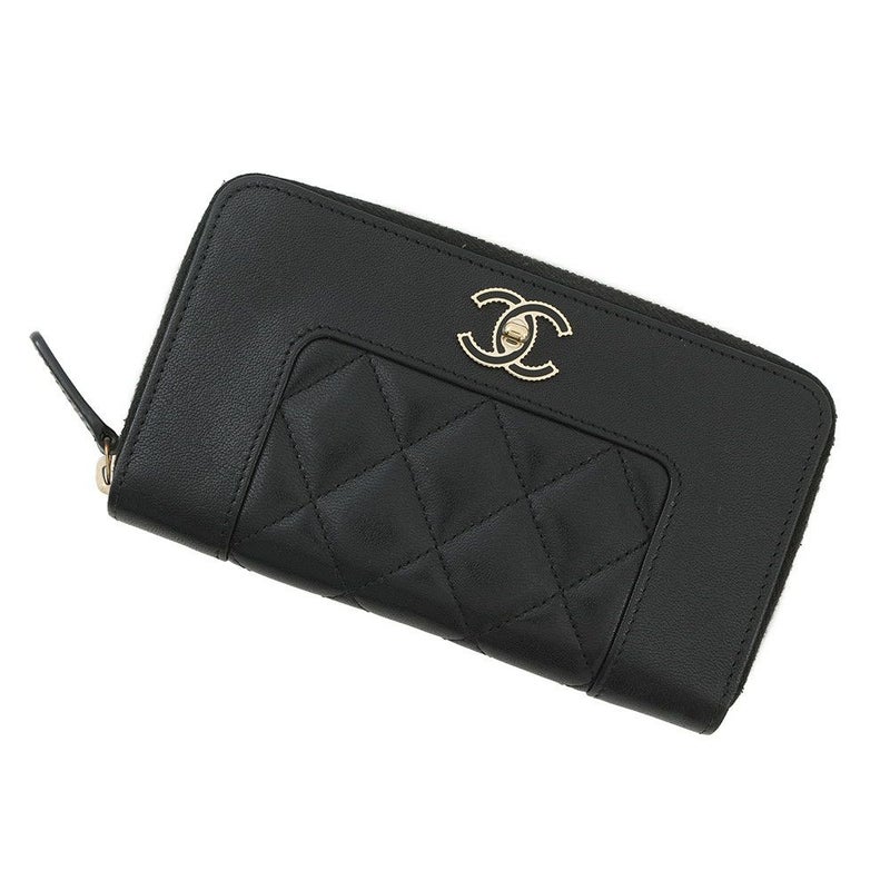 シャネル 長財布 マトラッセ ココマーク マドモワゼル コンパクトウォレット ラムスキン CHANEL ラウンドファスナー 黒