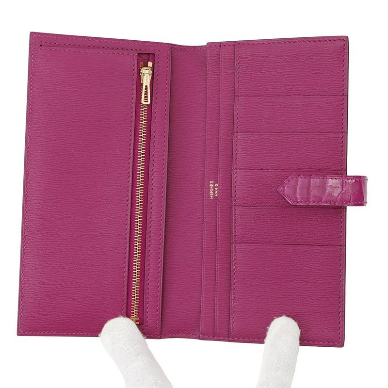 エルメス 長財布 ベアンスフレ ローズシェヘラザード/ゴールド金具 アリゲーターシャイン D刻印 HERMES 財布