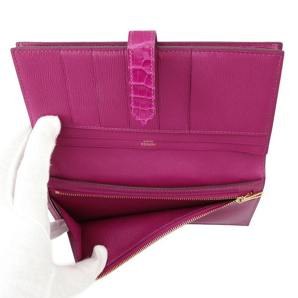 エルメス 長財布 ベアンスフレ ローズシェヘラザード/ゴールド金具 アリゲーターシャイン D刻印 HERMES 財布
