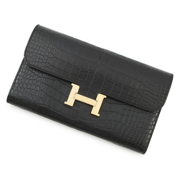 エルメス 長財布 コンスタンス ロング ブラック/ゴールド金具 アリゲーターマット C刻印 HERMES 財布 黒