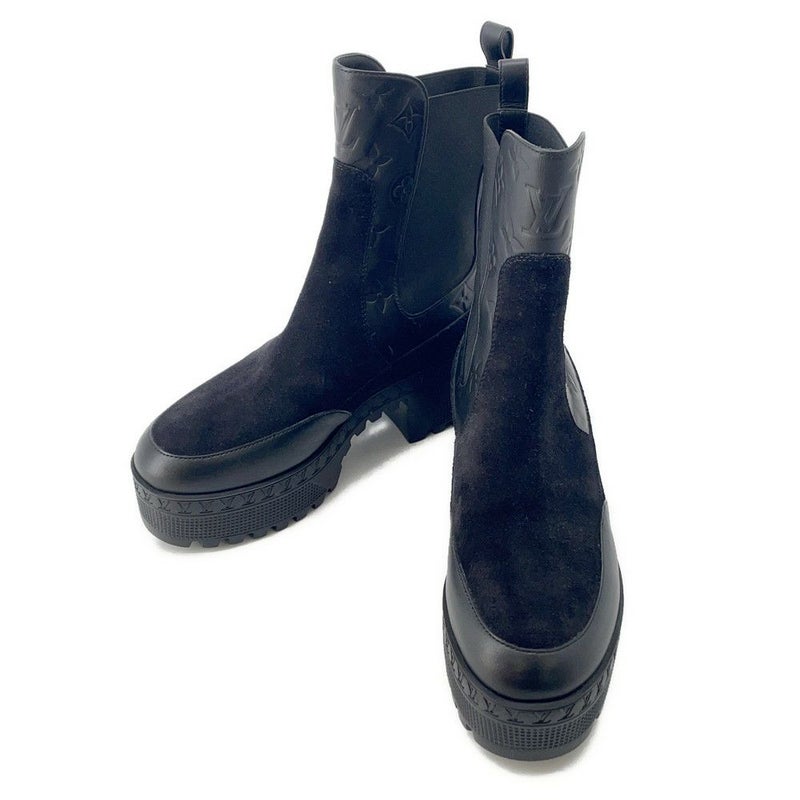 ルイヴィトン ブーツ カーフレザー スエード ローリエート ブーツ レディースサイズ37 ショートブーツ 黒 ブラック