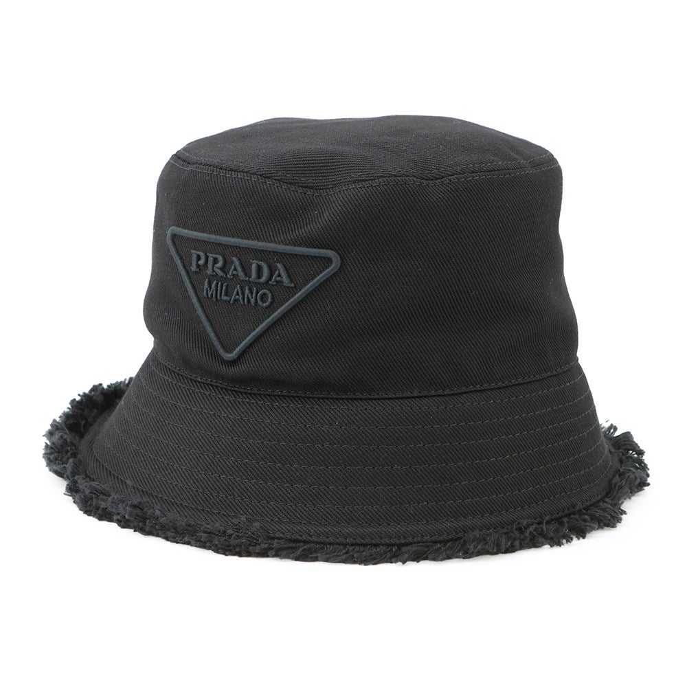 ★PRADA レア　コットン　バケットハット　ブラック　XL プラダ バケットハット フリンジ トライアングル ロゴ コットン サイズ