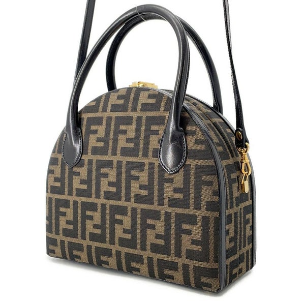 フェンディ ハンドバッグ ズッカ柄 ラウンド バニティ キャンバス レザー FENDI 2wayショルダーバッグ
