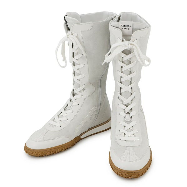 エルメス スニーカー レース・アップ ヴェロア ナッパレザー レディースサイズ38 HERMES 靴 白