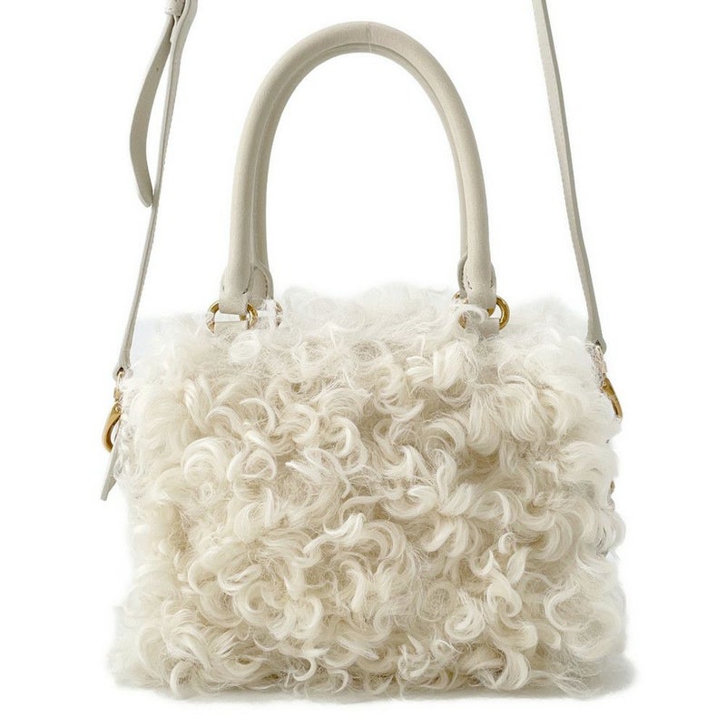 ミュウミュウ ハンドバッグ ジップド トップハンドル シープファー 5BB092 MIUMIU 2way 白