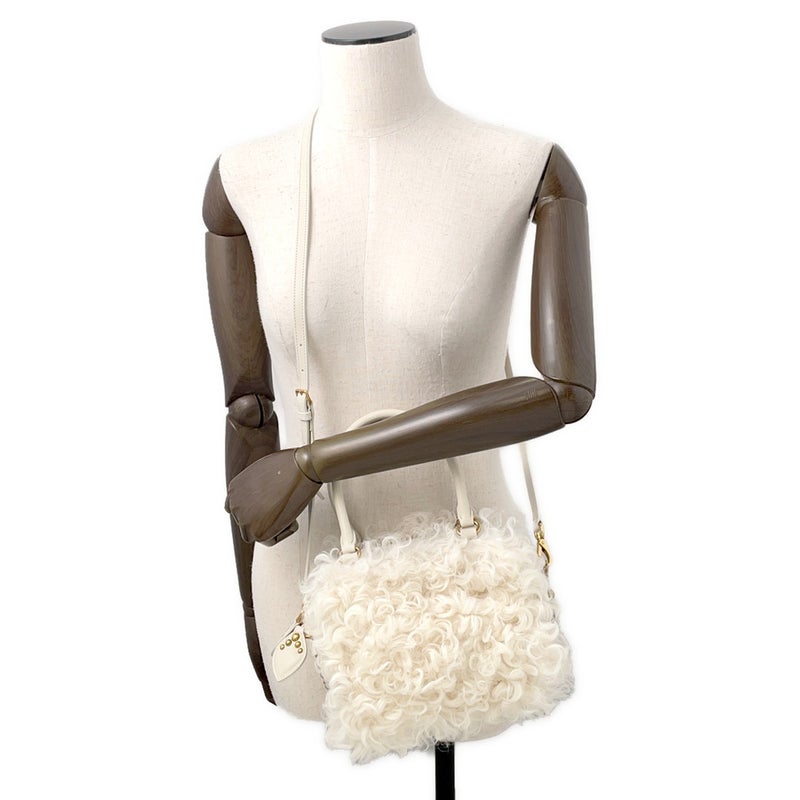 ミュウミュウ ハンドバッグ ジップド トップハンドル シープファー 5BB092 MIUMIU 2way 白