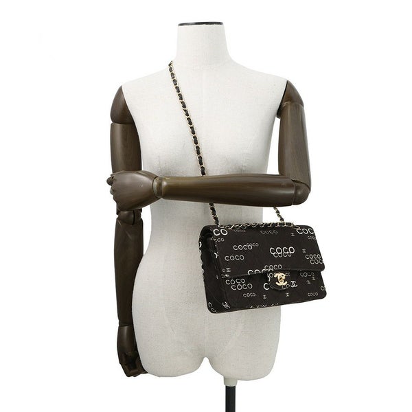 シャネル チェーンショルダーバッグ COCOプリント マトラッセ25 ココマーク ダブルチェーン キャンバス A01112 CHANEL 黒