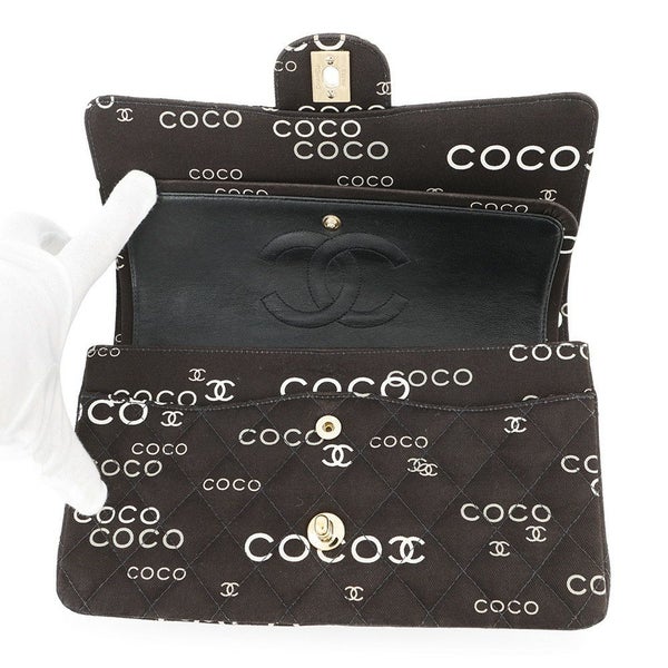 シャネル チェーンショルダーバッグ COCOプリント マトラッセ25 ココマーク ダブルチェーン キャンバス A01112 CHANEL 黒