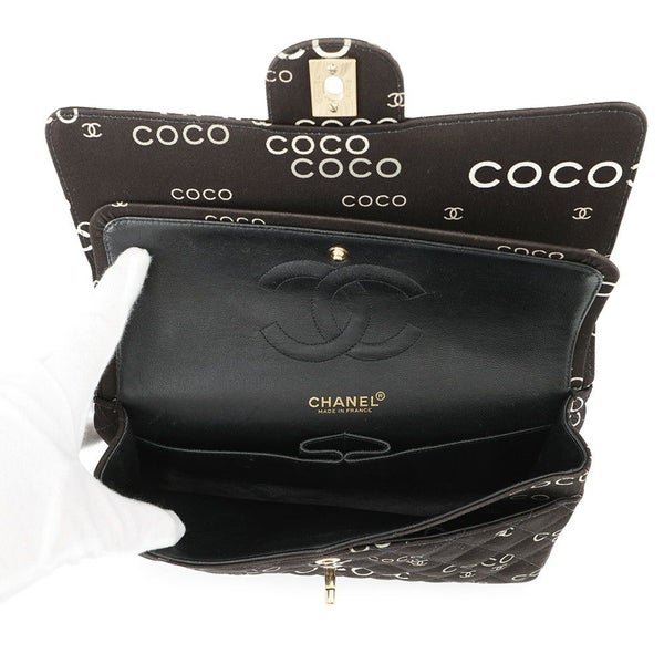 シャネル チェーンショルダーバッグ COCOプリント マトラッセ25 ココマーク ダブルチェーン キャンバス A01112 CHANEL 黒