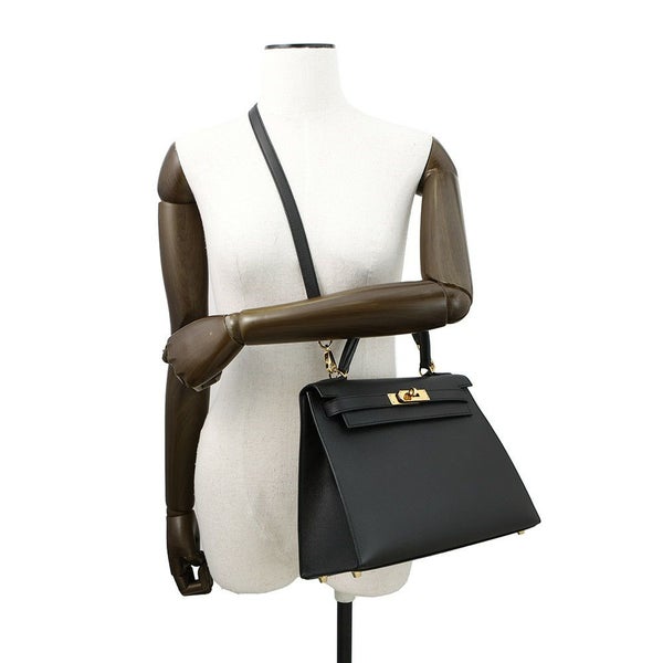 エルメス ハンドバッグ ケリー28 外縫い ブラック/ゴールド金具 エプソン T刻印 2wayショルダー 黒