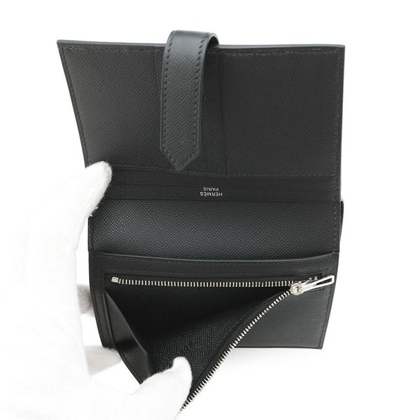 エルメス 二つ折り財布 ベアンコンパクト ブラック/シルバー金具 ヴォーマダム W刻印 黒