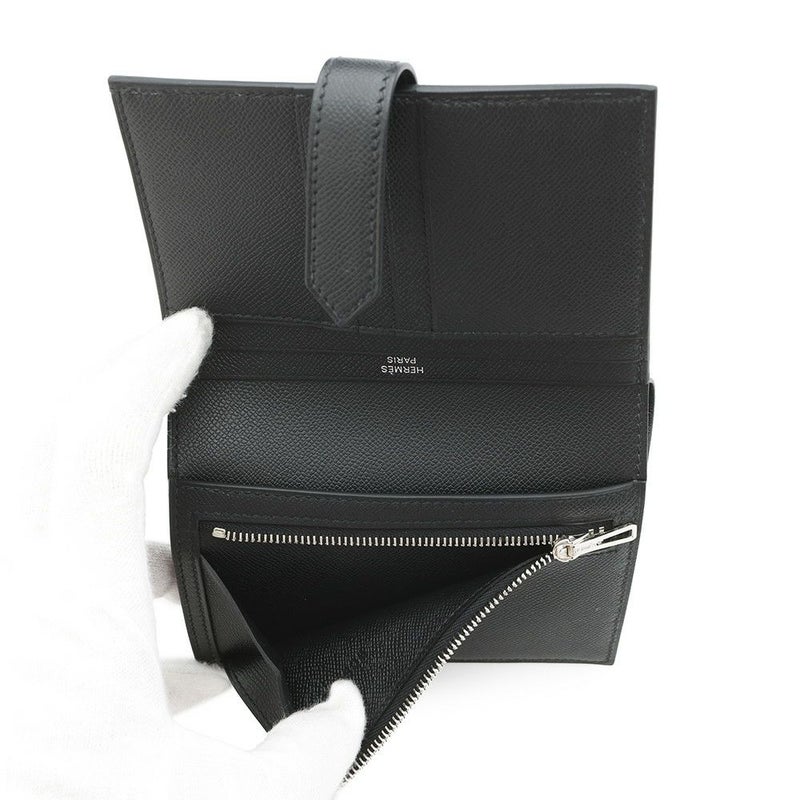 エルメス 二つ折り財布 ベアンコンパクト ブラック/シルバー金具 ヴォーマダム W刻印 黒