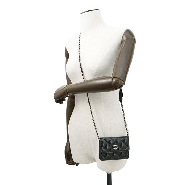 シャネル チェーンウォレット スモール チェーンクラッチ リボン シャイニーラムスキン AP4466 CHANEL 財布 黒