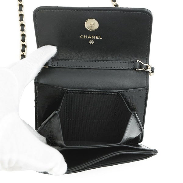 シャネル チェーンウォレット スモール チェーンクラッチ リボン シャイニーラムスキン AP4466 CHANEL 財布 黒