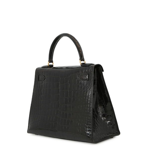 エルメス ハンドバッグ ケリー28 外縫い ブラック/ゴールド金具 アリゲーターシャイン 〇V刻印 2wayショルダー 黒