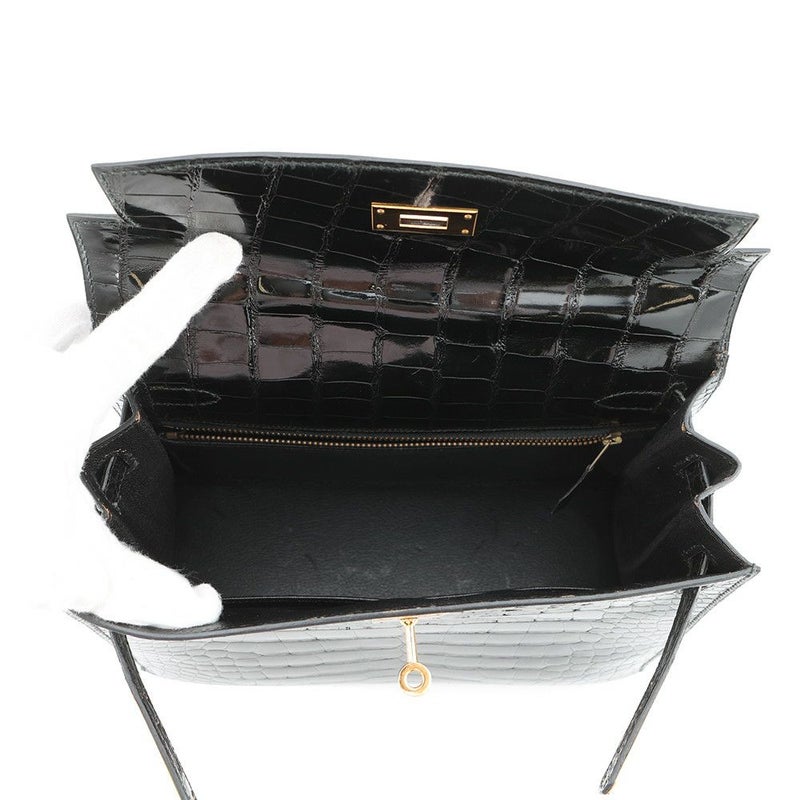 エルメス ハンドバッグ ケリー28 外縫い ブラック/ゴールド金具 アリゲーターシャイン 〇V刻印 2wayショルダー 黒