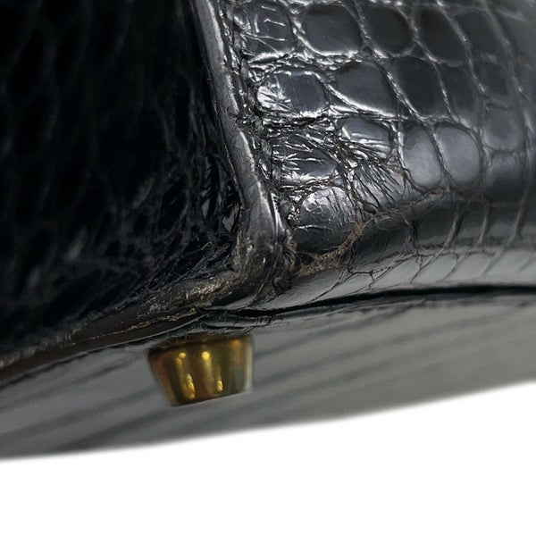 エルメス ハンドバッグ ケリー28 外縫い ブラック/ゴールド金具 アリゲーターシャイン 〇V刻印 2wayショルダー 黒