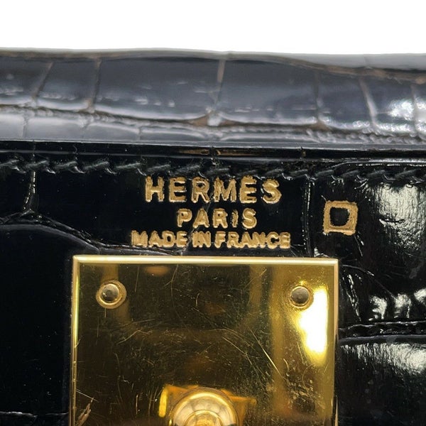 エルメス ハンドバッグ ケリー28 外縫い ブラック/ゴールド金具 アリゲーターシャイン 〇V刻印 2wayショルダー 黒