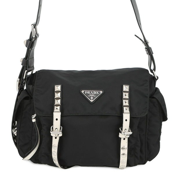 プラダ ショルダーバッグ スタッズ ナイロン レザー 1BD118 PRADA 斜め掛け 黒