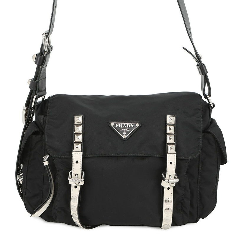 プラダ ショルダーバッグ スタッズ ナイロン レザー 1BD118 PRADA 斜め掛け 黒