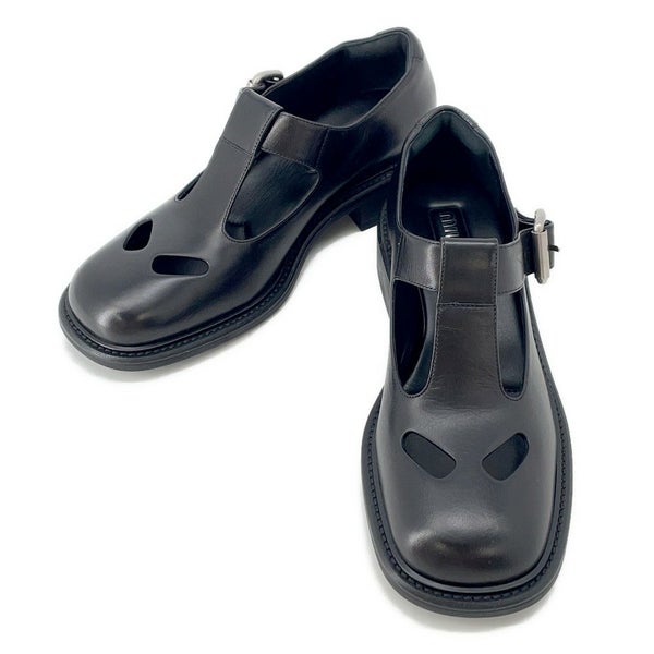 ミュウミュウ ローファー Tバー レザー レディースサイズ37 1/2 5E318E MIUMIU 靴 黒