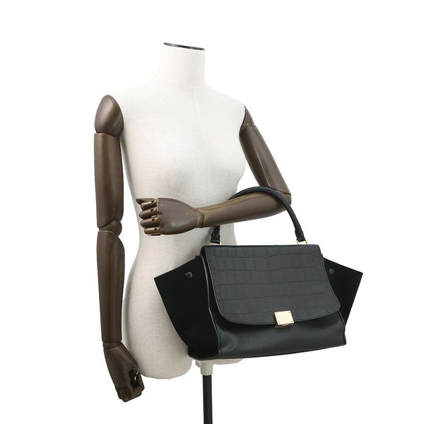 セリーヌ ハンドバッグ トラペーズ クロコ型押しレザー スエード CELINE 2way 黒