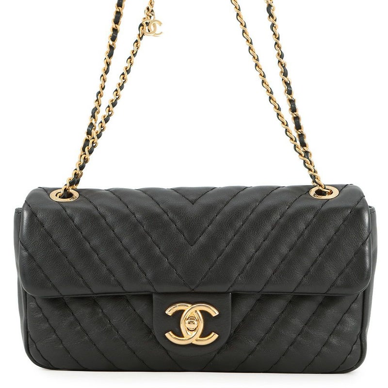 シャネル チェーンショルダーバッグ ココマーク シェブロン ラムスキン CHANEL 黒