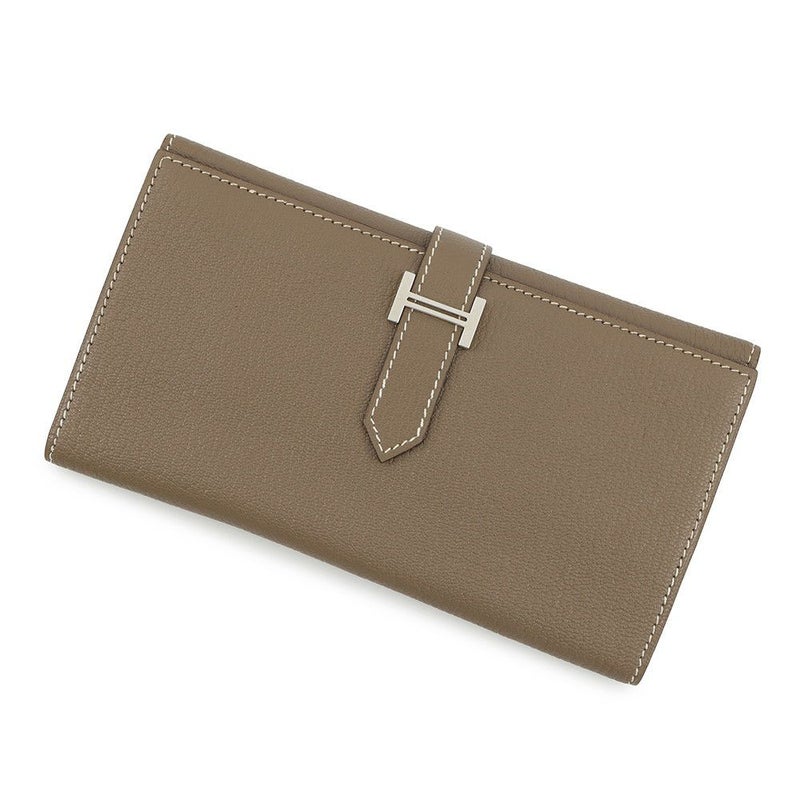 エルメス 長財布 ベアンデュプリ エトゥープ/シルバー金具 シェブルミゾル □K刻印 HERMES 三つ折り財布