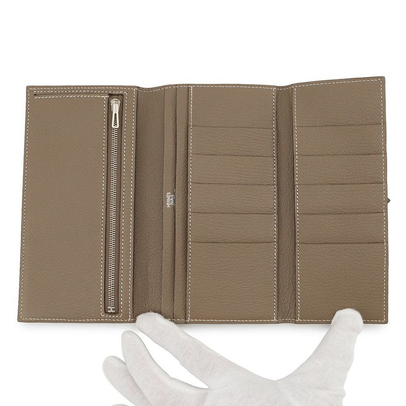 エルメス 長財布 ベアンデュプリ エトゥープ/シルバー金具 シェブルミゾル □K刻印 HERMES 三つ折り財布