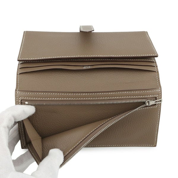エルメス 長財布 ベアンデュプリ エトゥープ/シルバー金具 シェブルミゾル □K刻印 HERMES 三つ折り財布