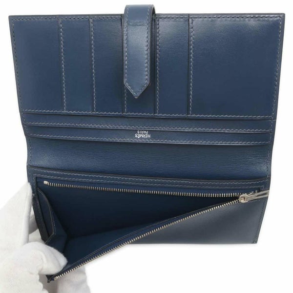 エルメス 長財布 ベアンクラシック ブルーロイ/シルバー金具 ボックスカーフ □B刻印 HERMES 財布
