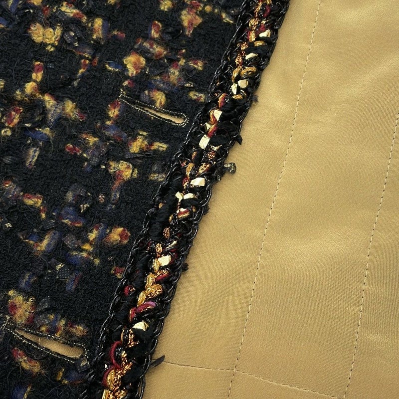 シャネル セットアップ ノーカラージャケット サイズ36 スカート サイズ38 ツイード グリポアボタン P61915V47013 黒