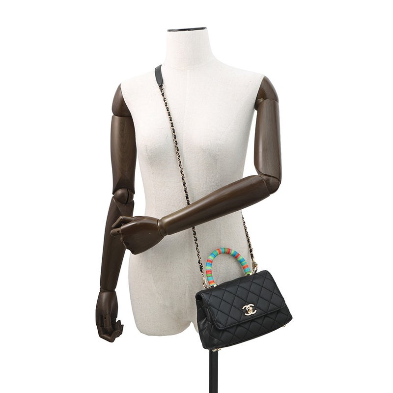 シャネル ハンドバッグ ココマーク マトラッセ トップハンドル ミニ フラップ レザー AS2215 CHANEL 2way 黒