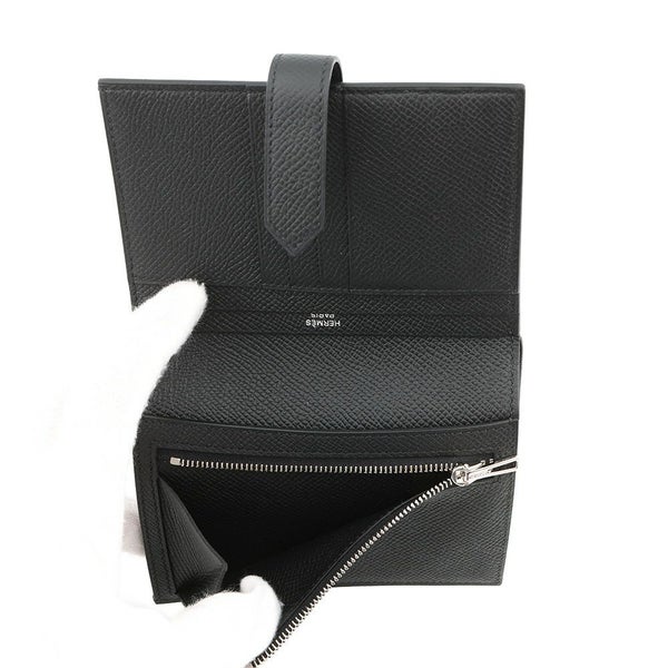 エルメス 二つ折り財布 ベアンコンパクト ブラック/シルバー金具 エプソン B刻印 エプソン 財布 黒