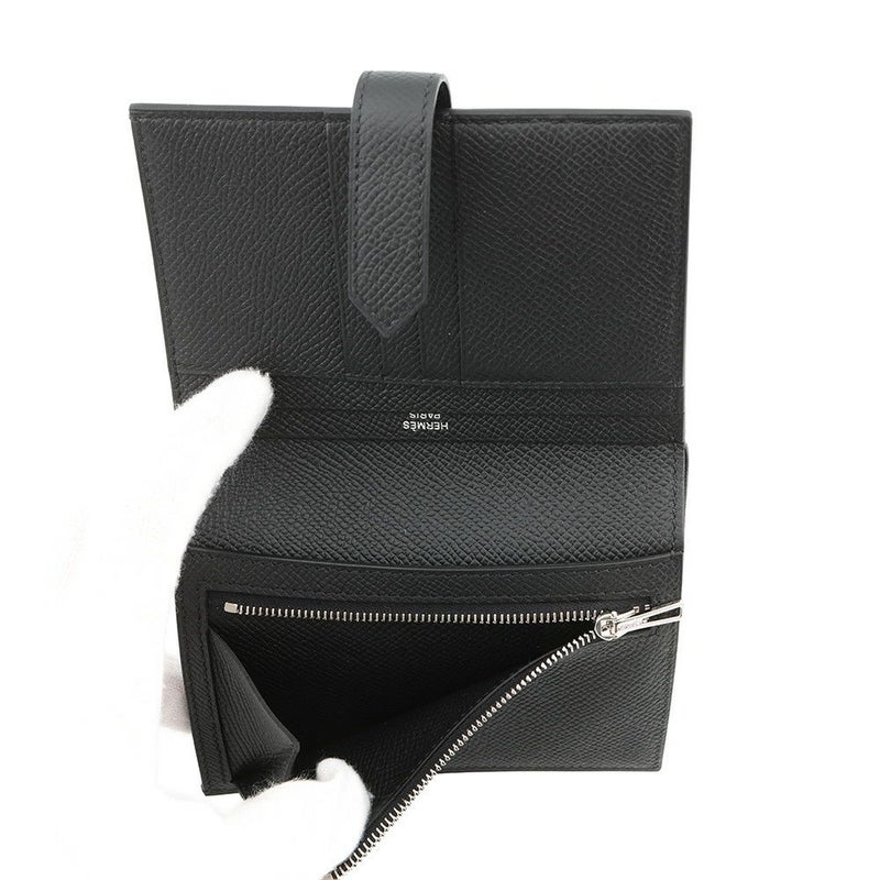 エルメス 二つ折り財布 ベアンコンパクト ブラック/シルバー金具 エプソン B刻印 エプソン 財布 黒