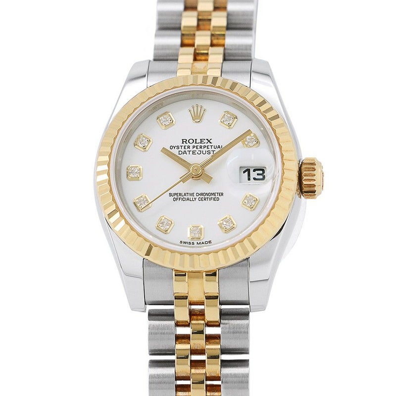 ロレックス デイトジャスト SS/K18YG 179173G ROLEX 腕時計 白文字盤 10Pダイヤ