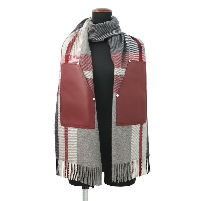 エルメス マフラー タータンポケット・キュイール・アップリケ カシミヤ HERMES ストール