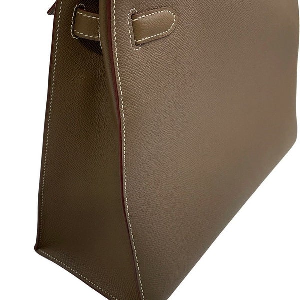 エルメス ハンドバッグ ケリー35 外縫い ヴェルソ エトゥープ/ルビー/シルバー金具 エプソン □R刻印 2wayショルダー SPO