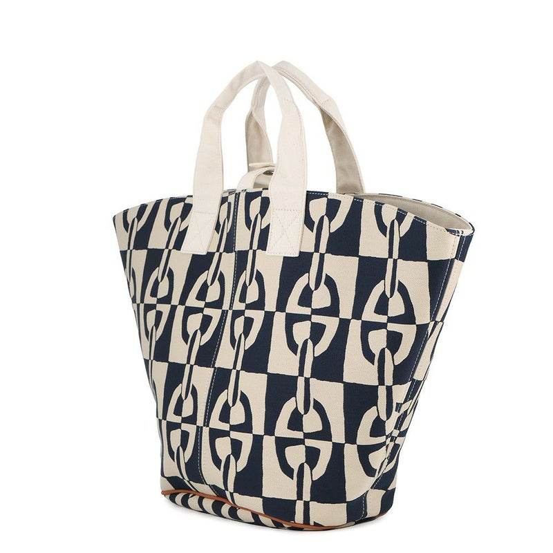 エルメス トートバッグ パニエ ド プラージュ オプティック シェーヌダンクル PM ホワイト/ネイビー/シルバー金具 キャンバス