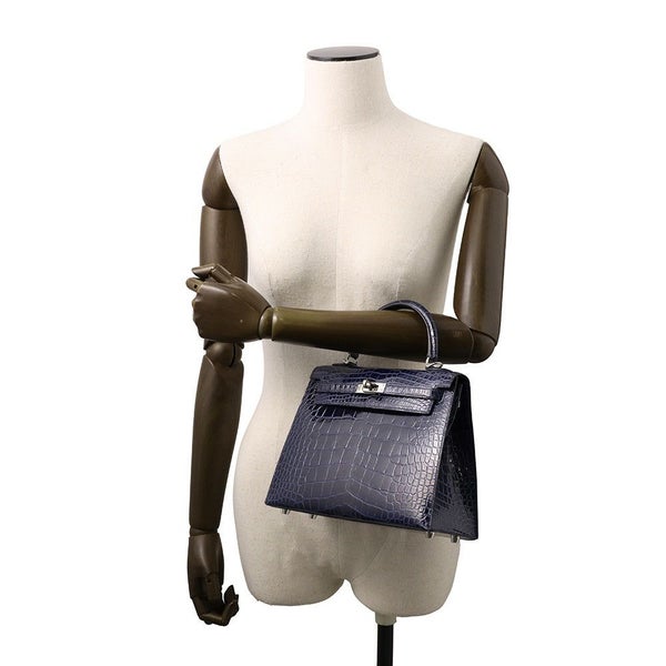 エルメス ハンドバッグ ケリー25 外縫い ブルーサフィール/シルバー金具 アリゲーターシャイン C刻印 2wayショルダー