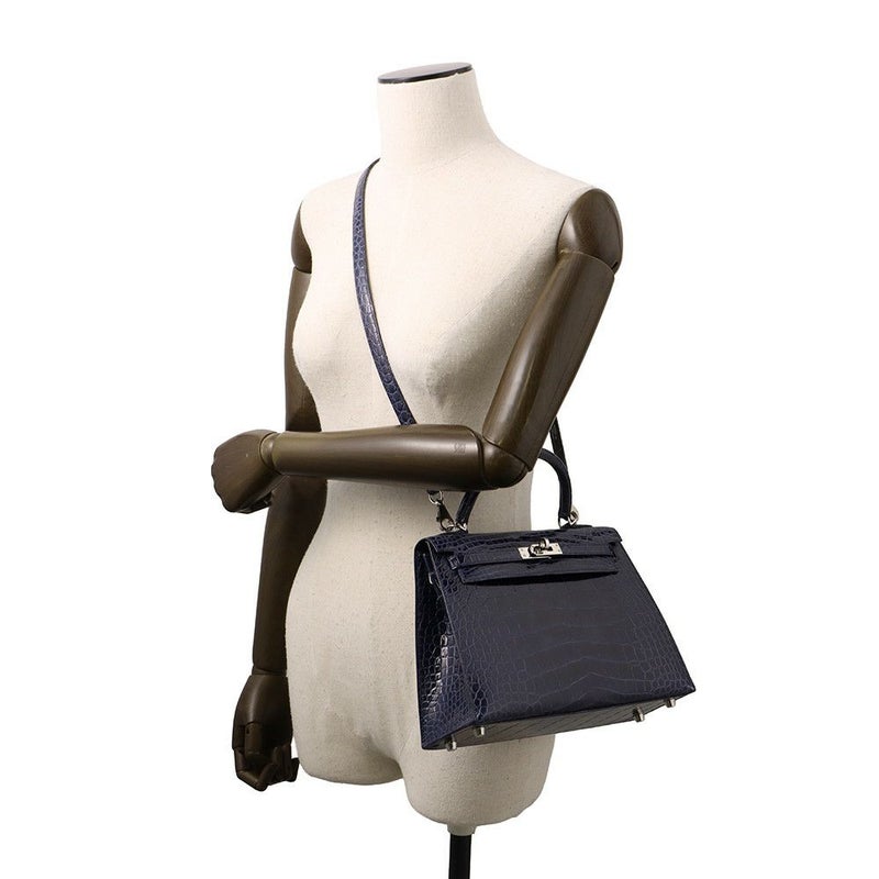 エルメス ハンドバッグ ケリー25 外縫い ブルーサフィール/シルバー金具 アリゲーターシャイン C刻印 2wayショルダー