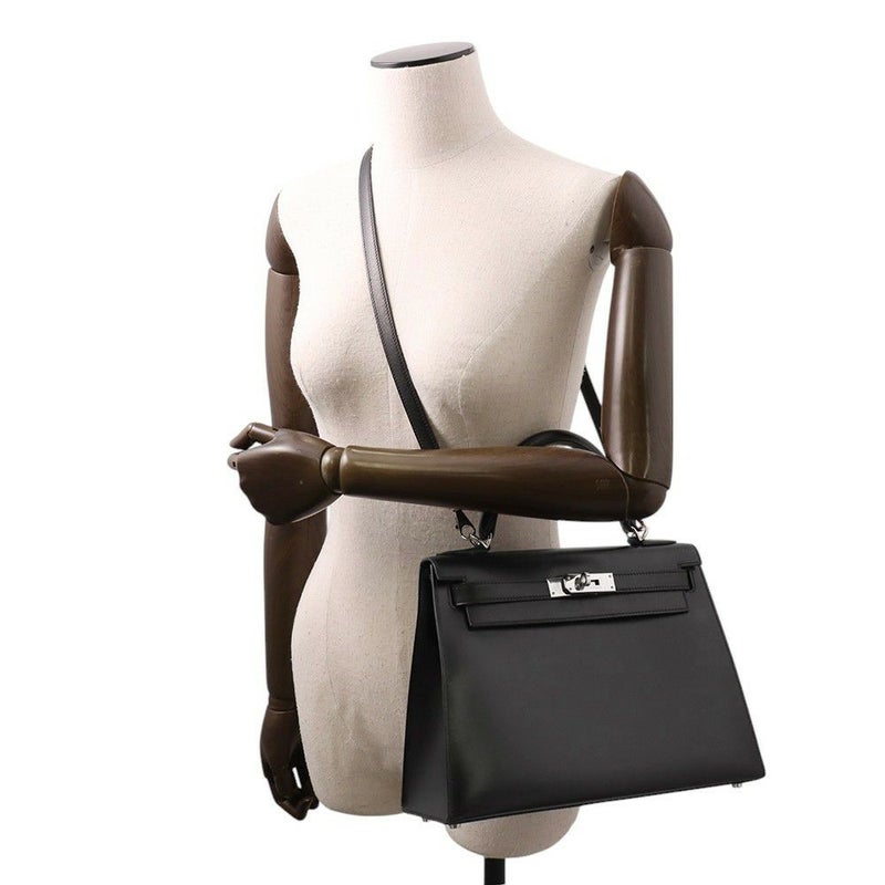 エルメス ハンドバッグ ケリー28 外縫い ブラック/シルバー金具 ボックスカーフ □G刻印 2wayショルダー 黒
