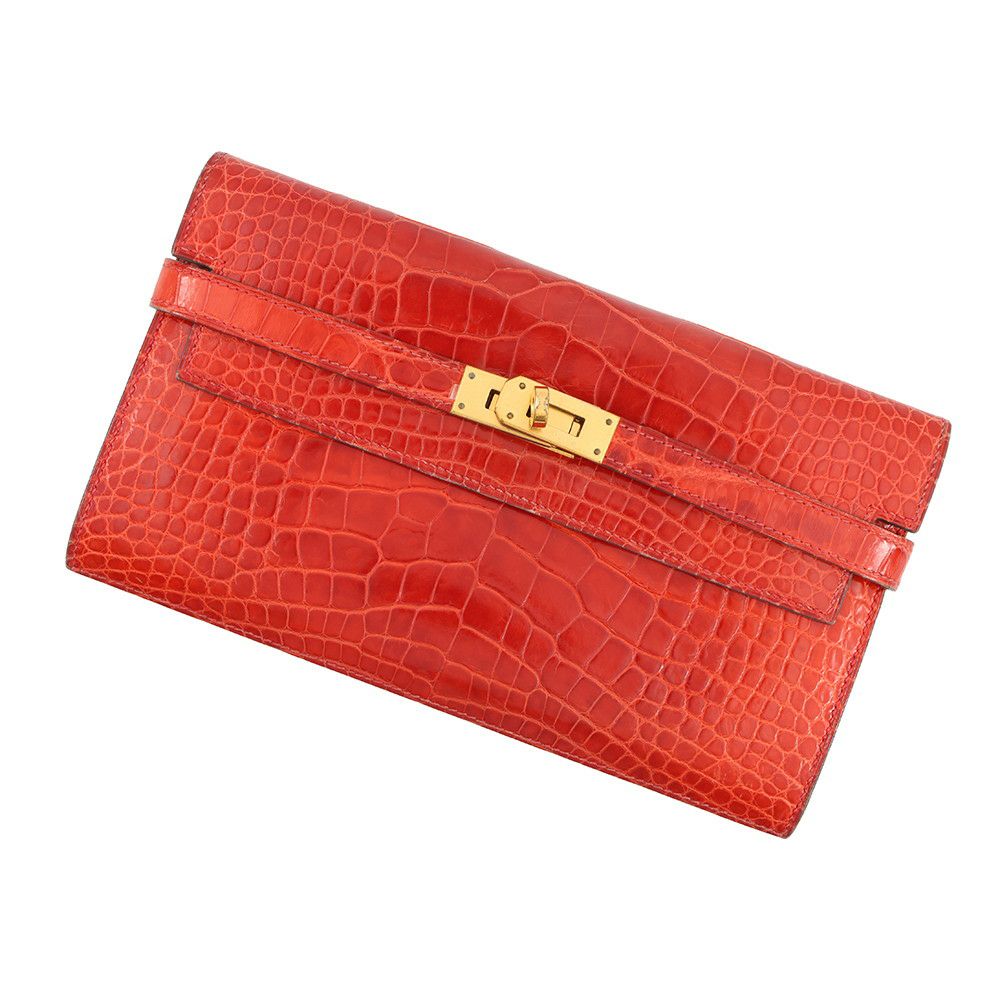 エルメス 長財布 ケリーウォレット ロング レッド/ゴールド金具 アリゲーターシャイン □R刻印 財布 エルメス 長財布 ケリーウォレット ロング レッド/ゴールド金具