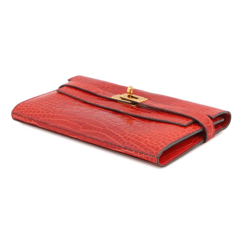 エルメス 長財布 ケリーウォレット ロング レッド/ゴールド金具 アリゲーターシャイン □R刻印 財布