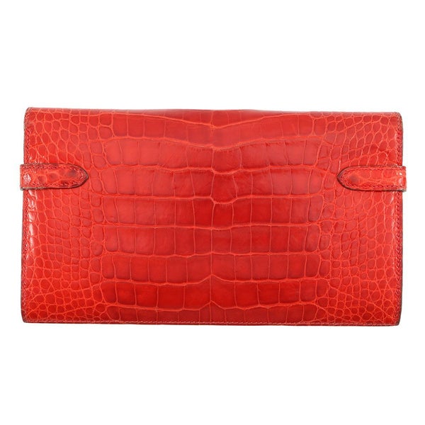 エルメス 長財布 ケリーウォレット ロング レッド/ゴールド金具 アリゲーターシャイン □R刻印 財布