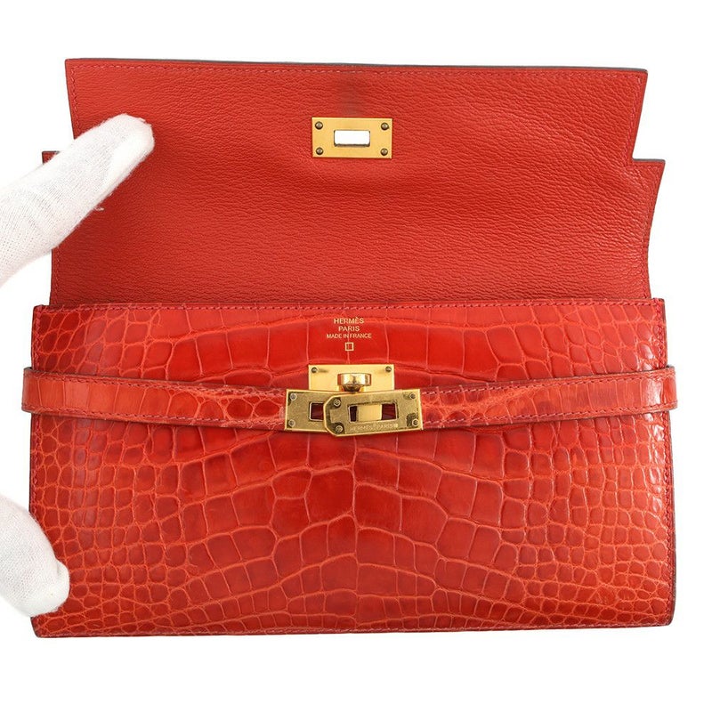 エルメス 長財布 ケリーウォレット ロング レッド/ゴールド金具 アリゲーターシャイン □R刻印 財布