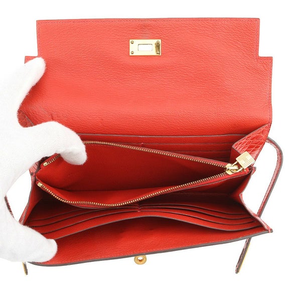 エルメス 長財布 ケリーウォレット ロング レッド/ゴールド金具 アリゲーターシャイン □R刻印 財布